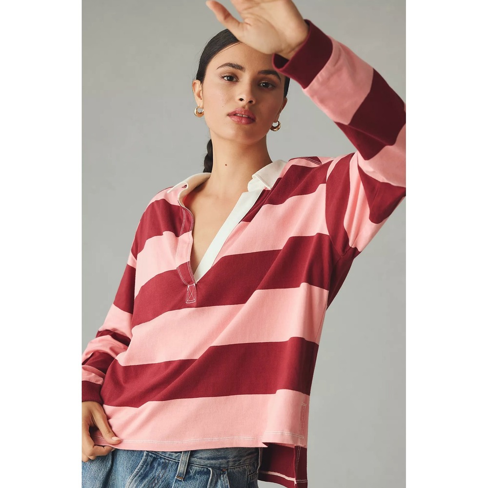 Pilcro Anthropologie Pink Burgundy Striped Long Sleeve Rugby Shirt XL OB1821932
